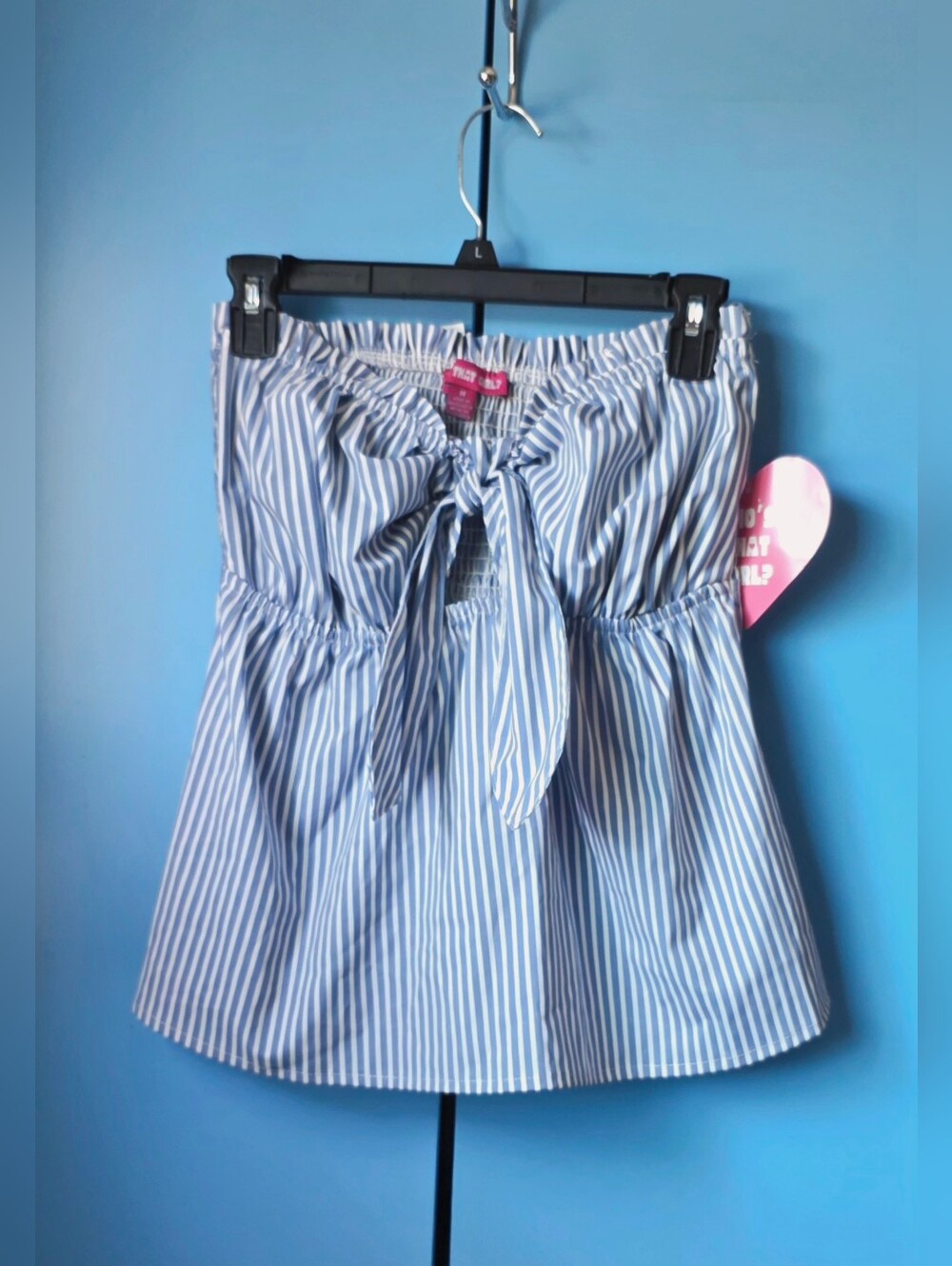 Y2K Blue & White Striped Strapless Bow Babydoll Top